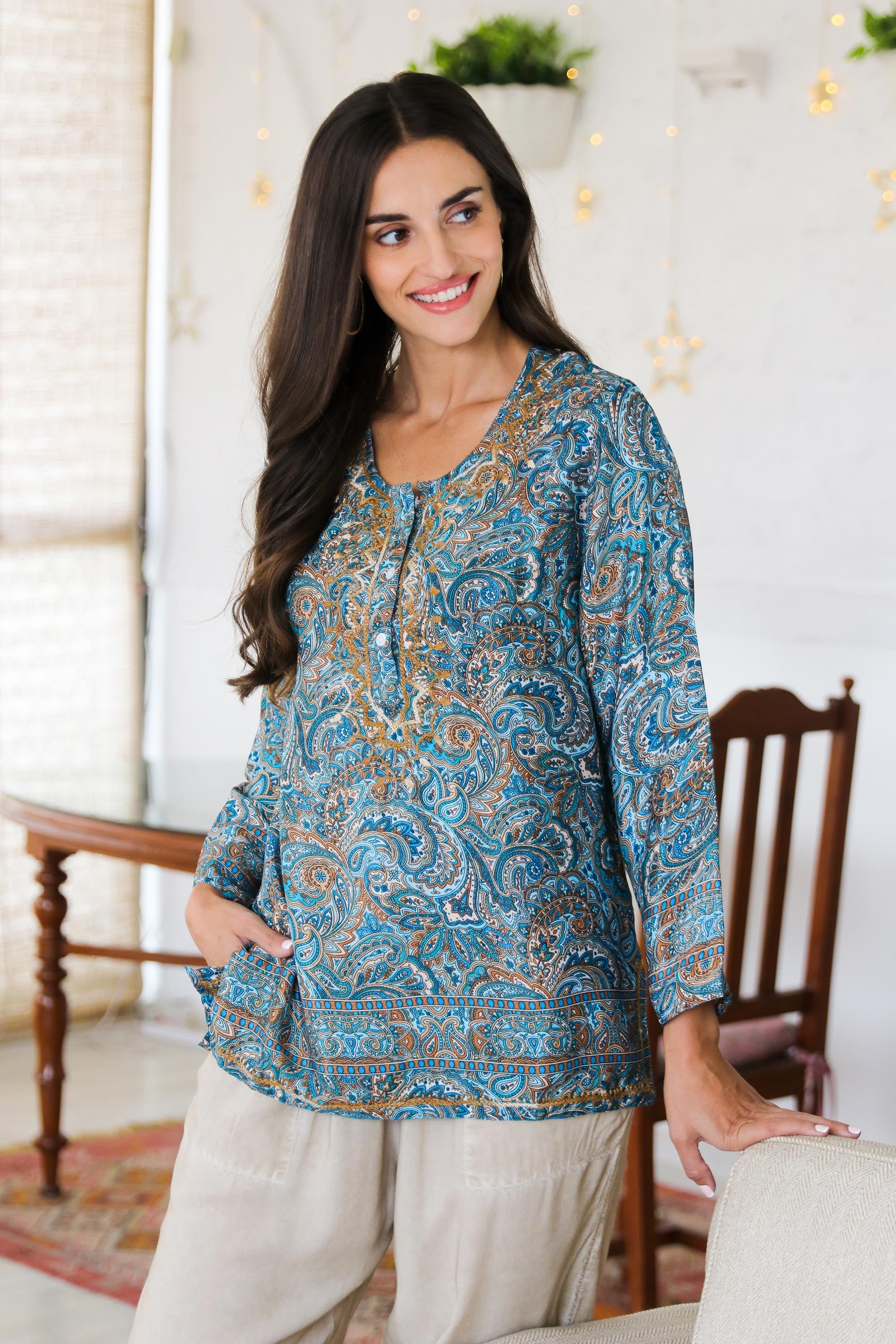 Printed Tunic with Hand-Embroidered Chikankari - Celestial Jaipur