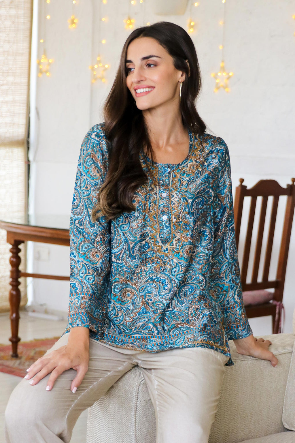 Printed Tunic with Hand-Embroidered Chikankari - Celestial Jaipur