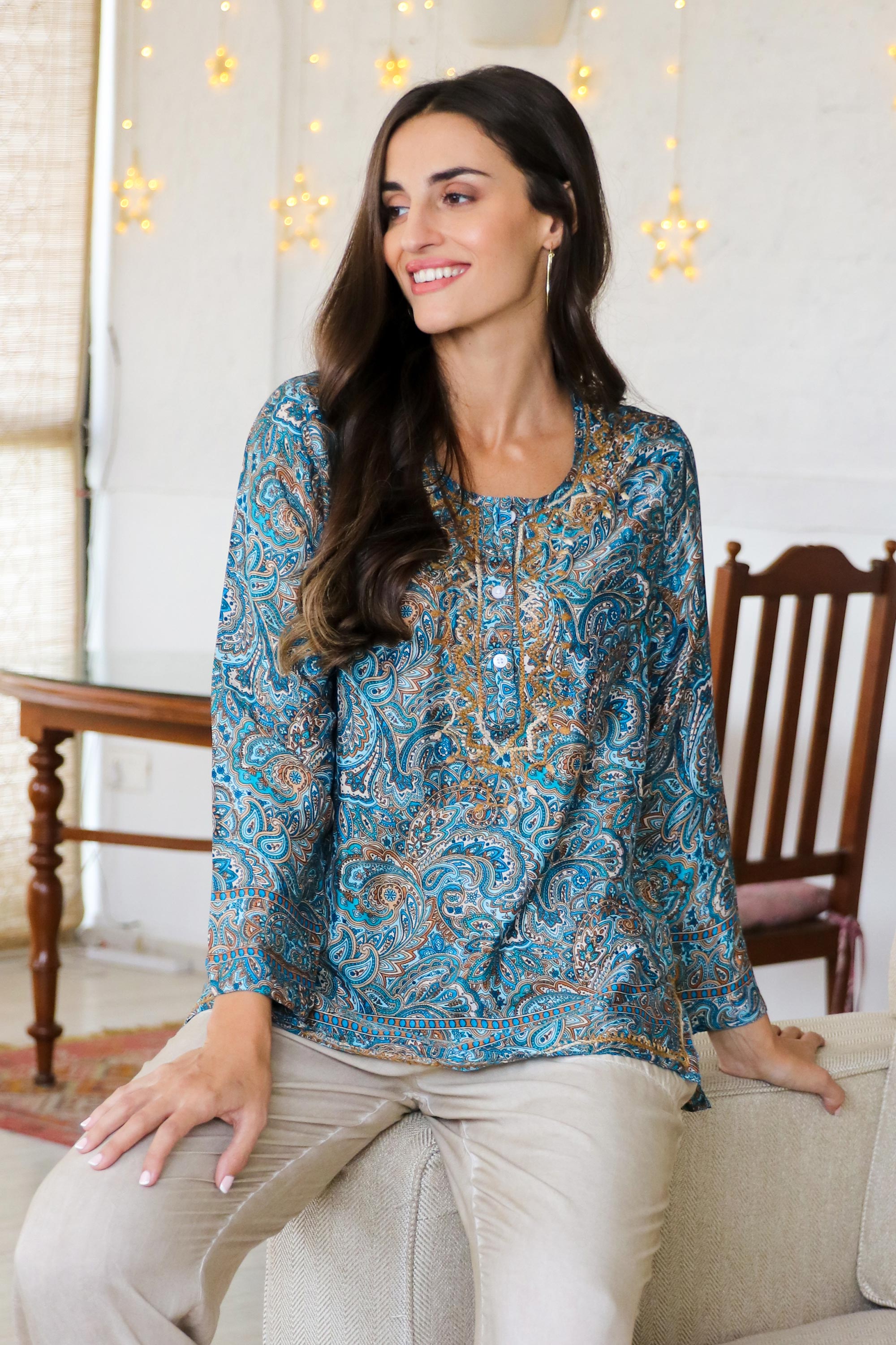 Printed Tunic with Hand-Embroidered Chikankari - Celestial Jaipur