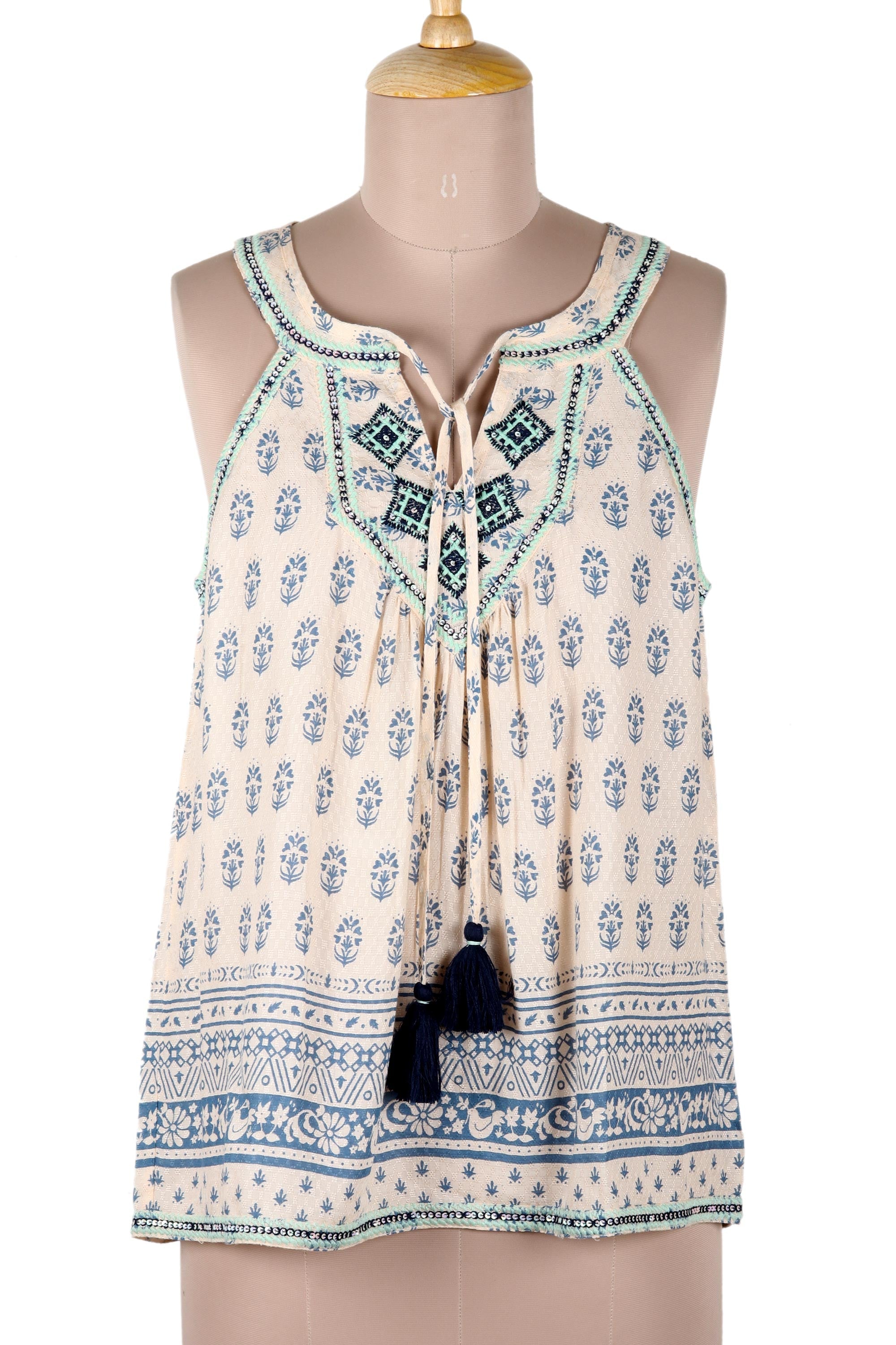 Embroidered Viscose Floral-Motif Sleeveless Blouse - Floral Fun