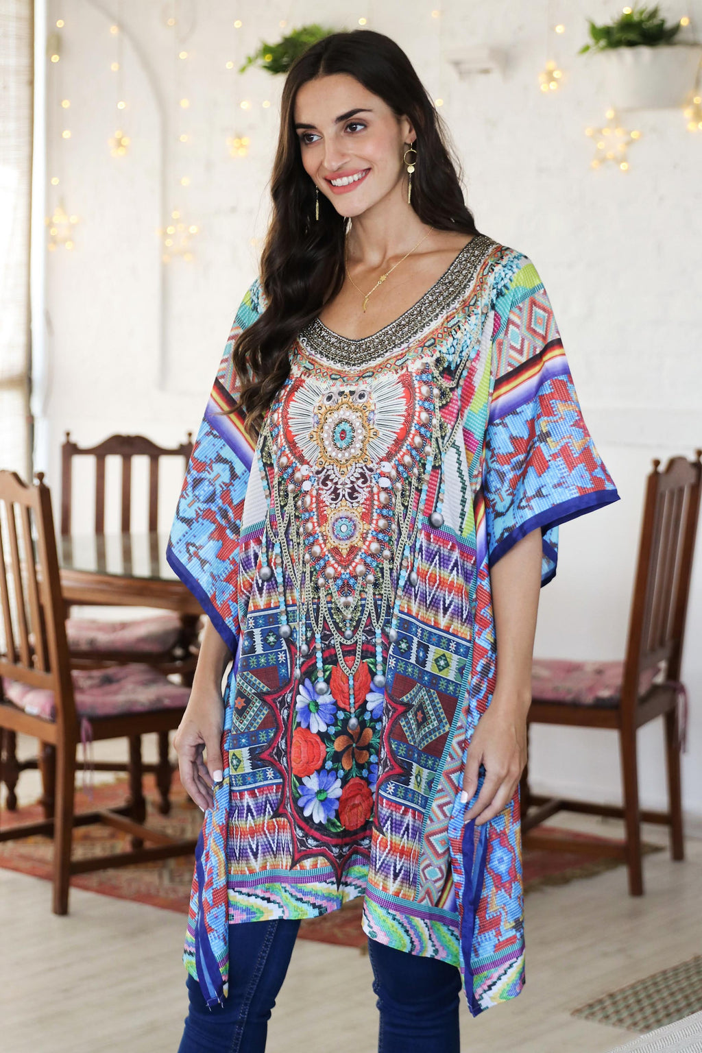Beaded Indian Caftan with Geometric Print - Glamour Girl