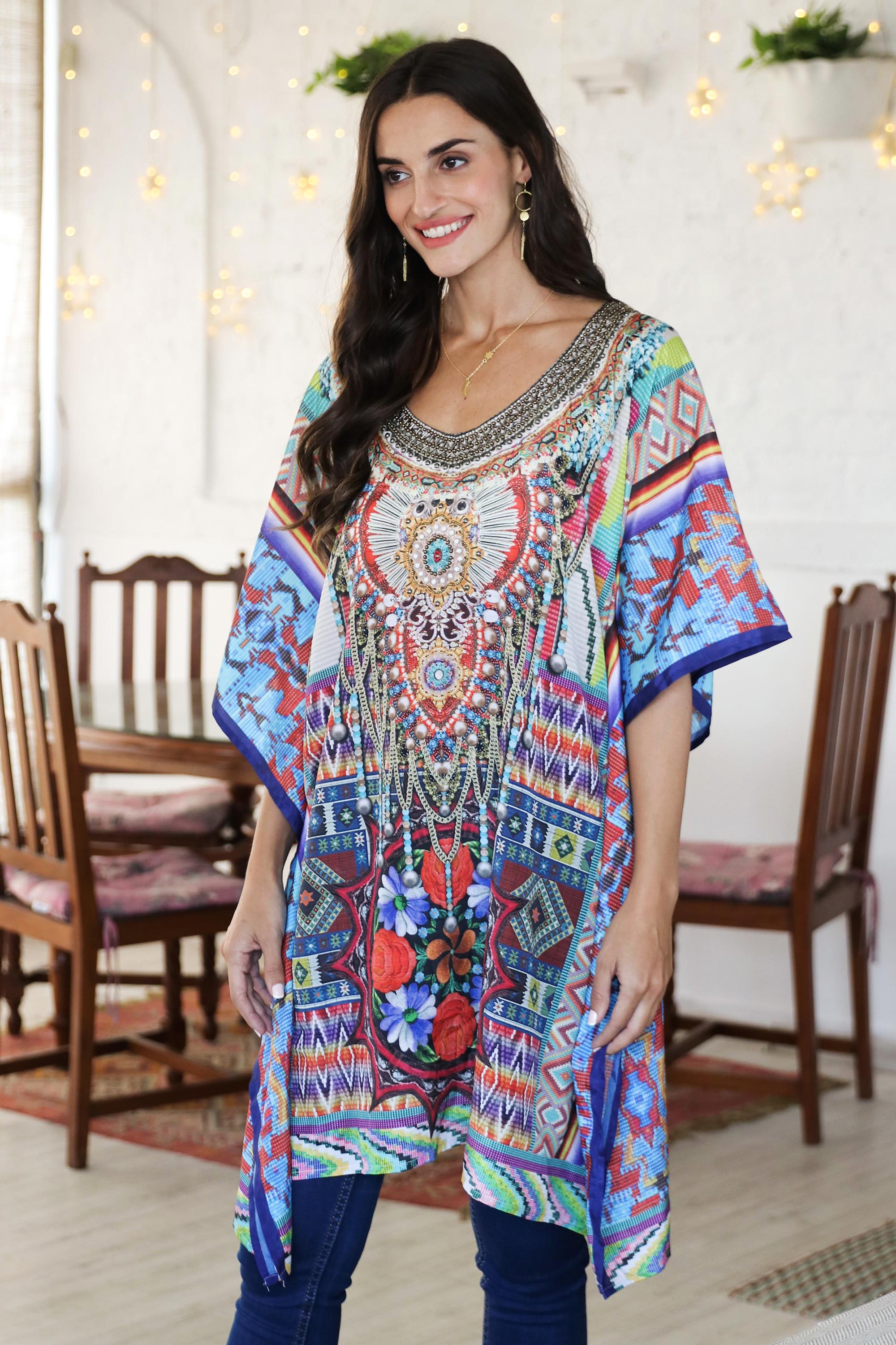 Beaded Indian Caftan with Geometric Print - Glamour Girl