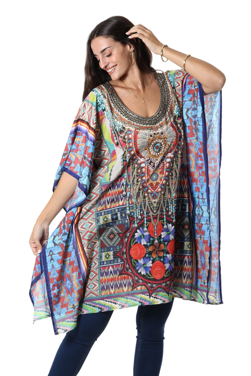 Beaded Indian Caftan with Geometric Print - Glamour Girl