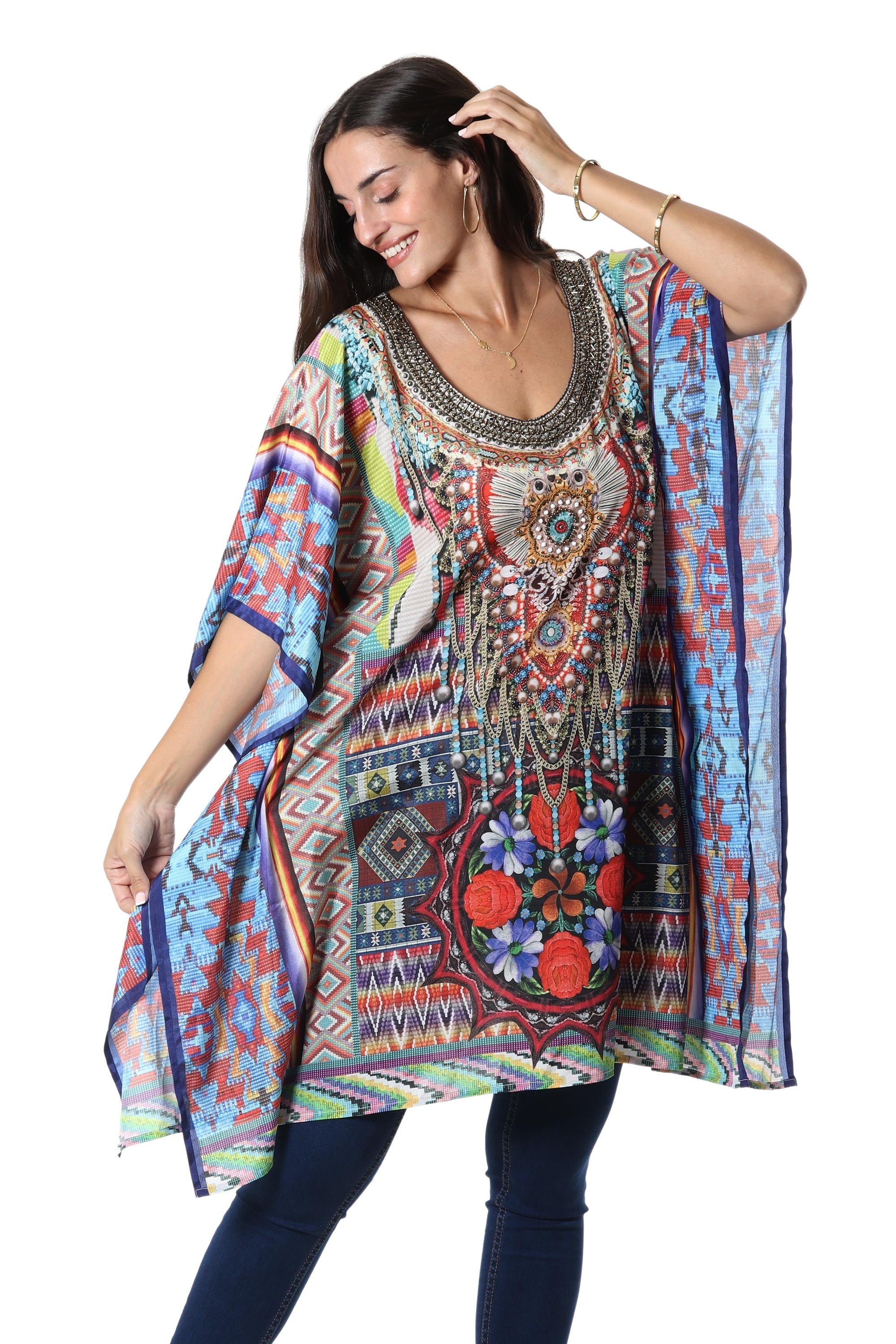 Beaded Indian Caftan with Geometric Print - Glamour Girl