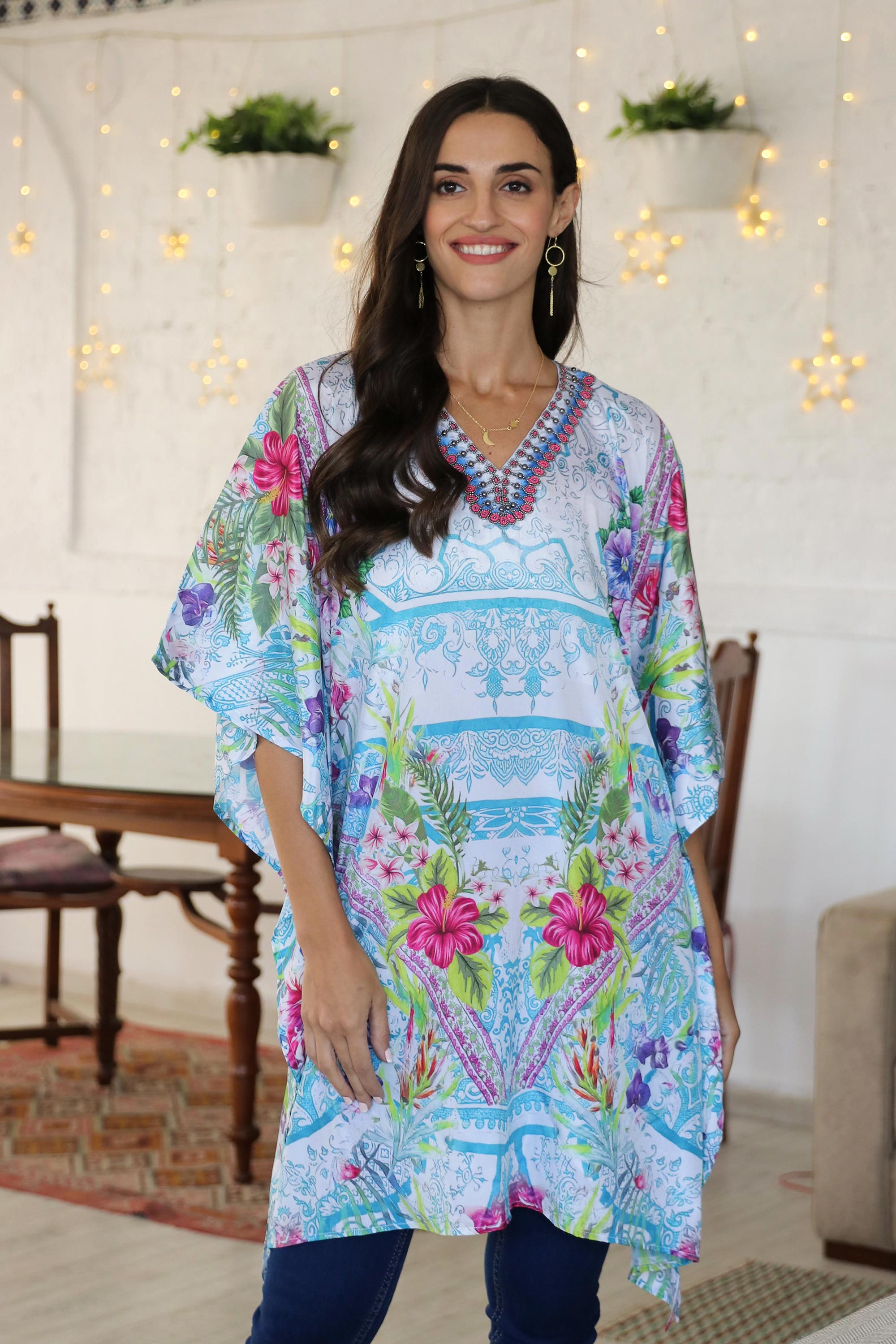 Glass Bead Embellished Caftan from India - Spring Smile