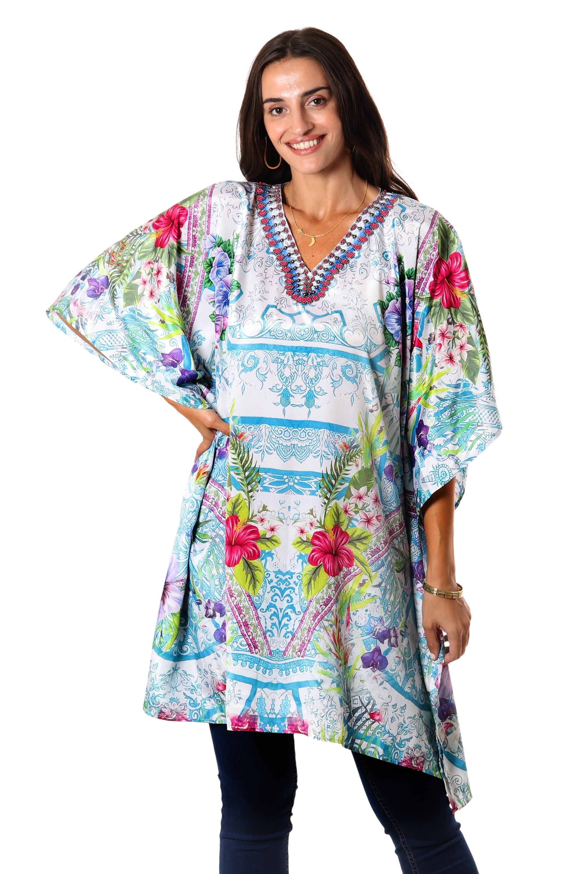 Glass Bead Embellished Caftan from India - Spring Smile