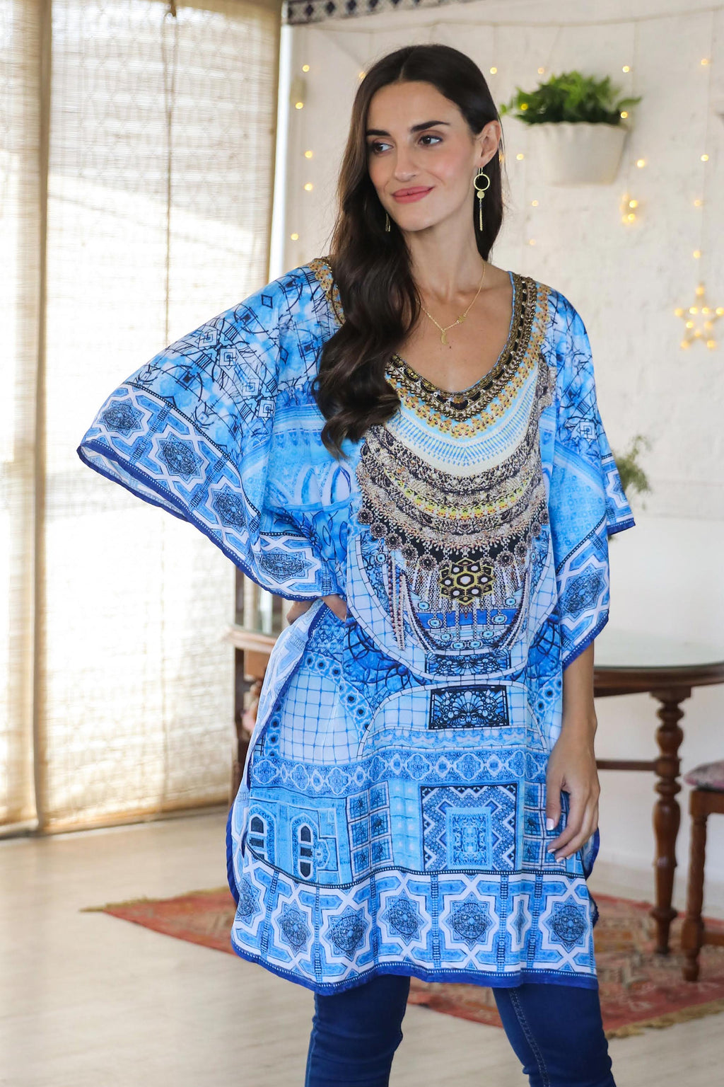 Blue Glass Beaded Caftan from India - Egyptian Beauty