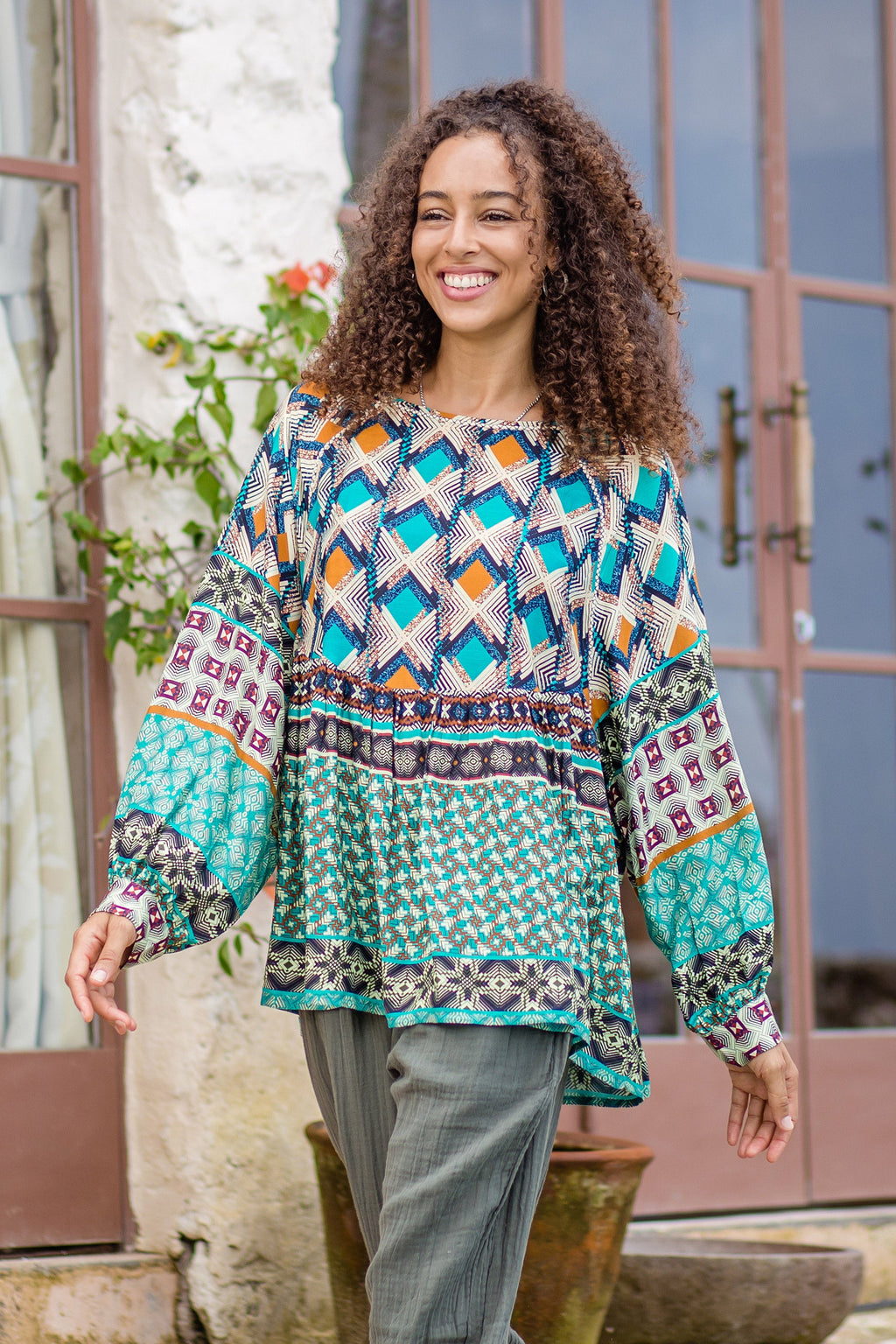 Embroidered Viscose Blouse with Geometric Print - Blast From the Past