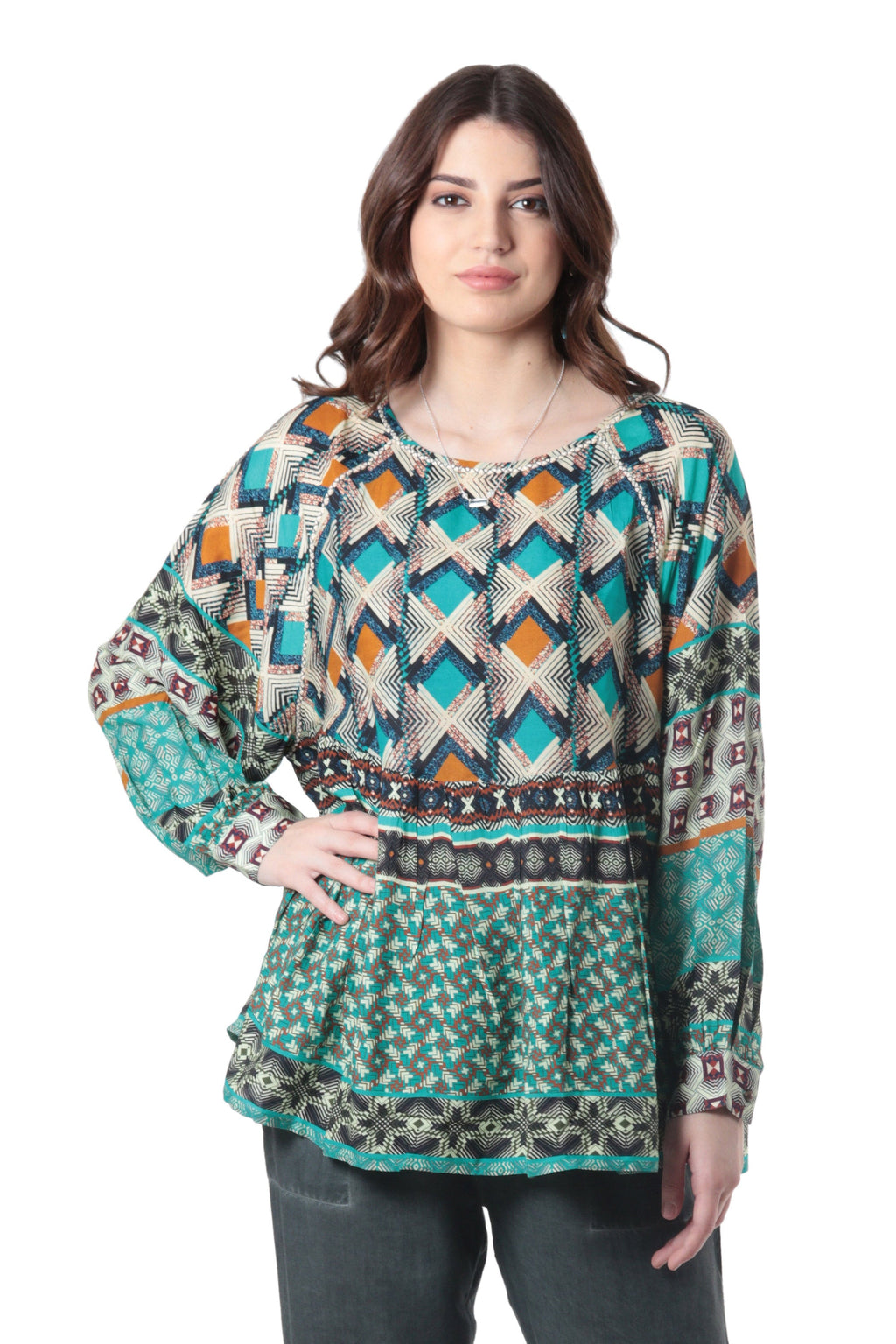 Embroidered Viscose Blouse with Geometric Print - Blast From the Past