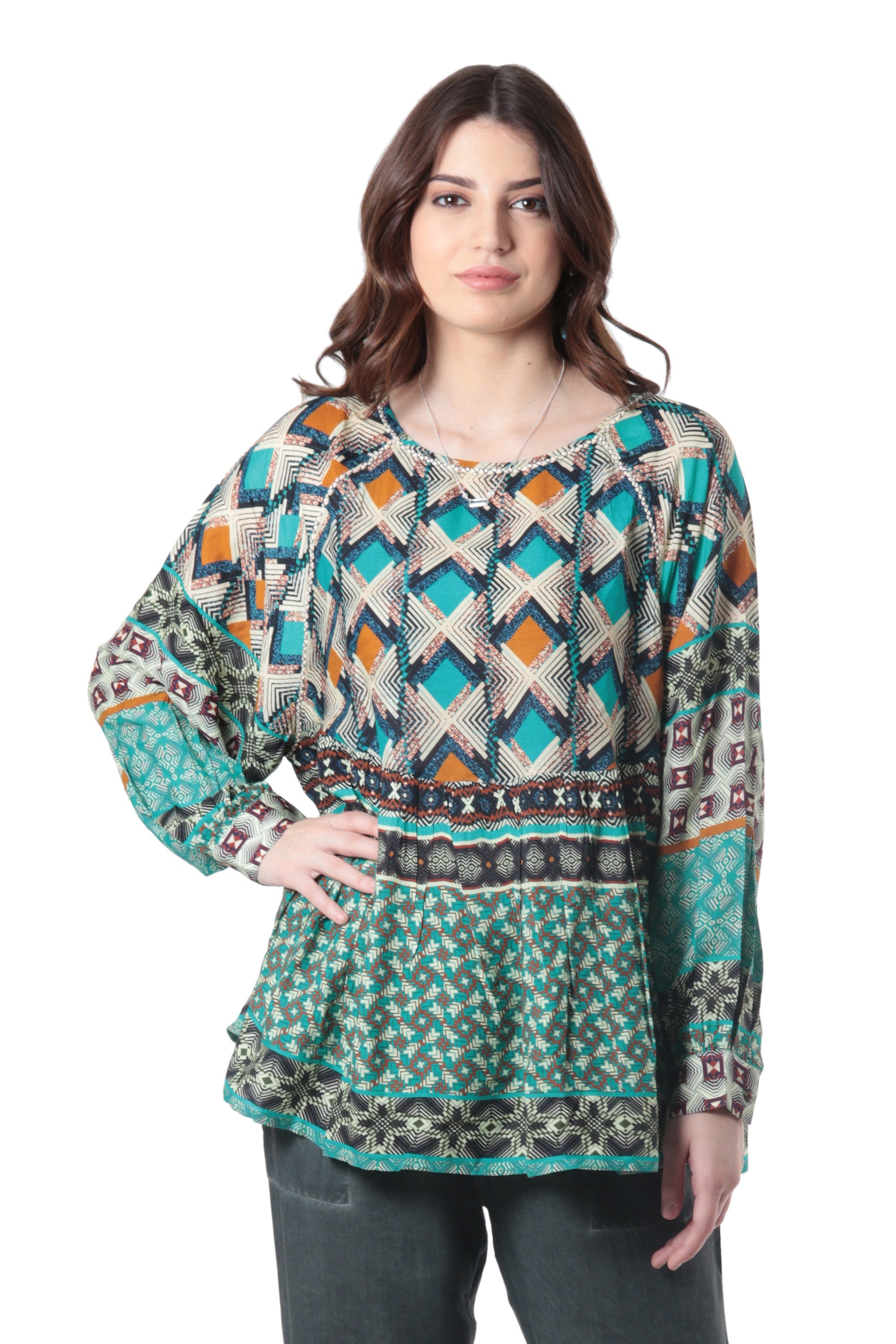 Embroidered Viscose Blouse with Geometric Print - Blast From the Past
