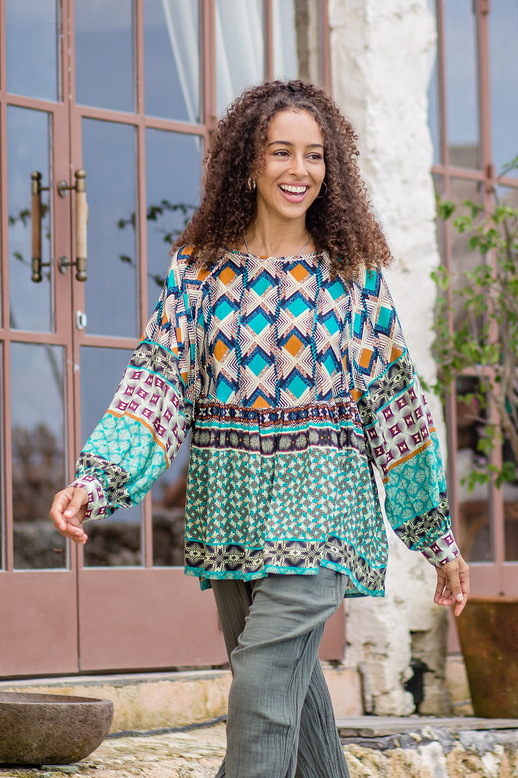 Embroidered Viscose Blouse with Geometric Print - Blast From the Past