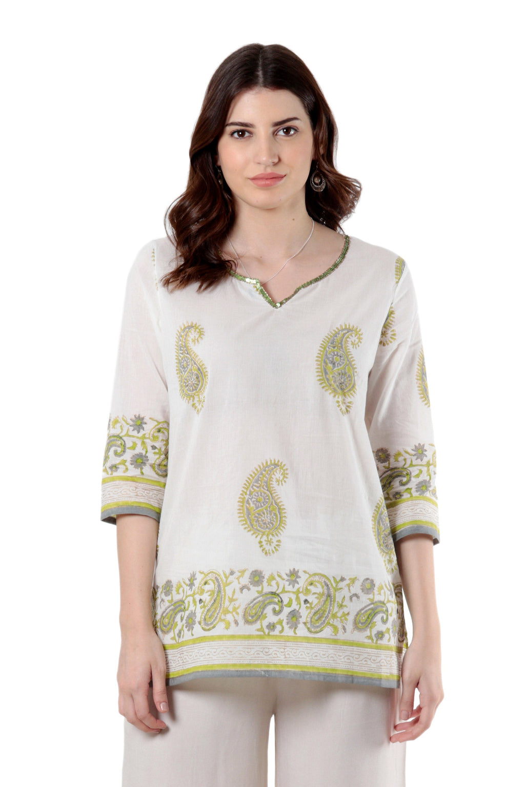 Block-Printed Cotton Tunic with Paisley Motif - Majestic Paisley