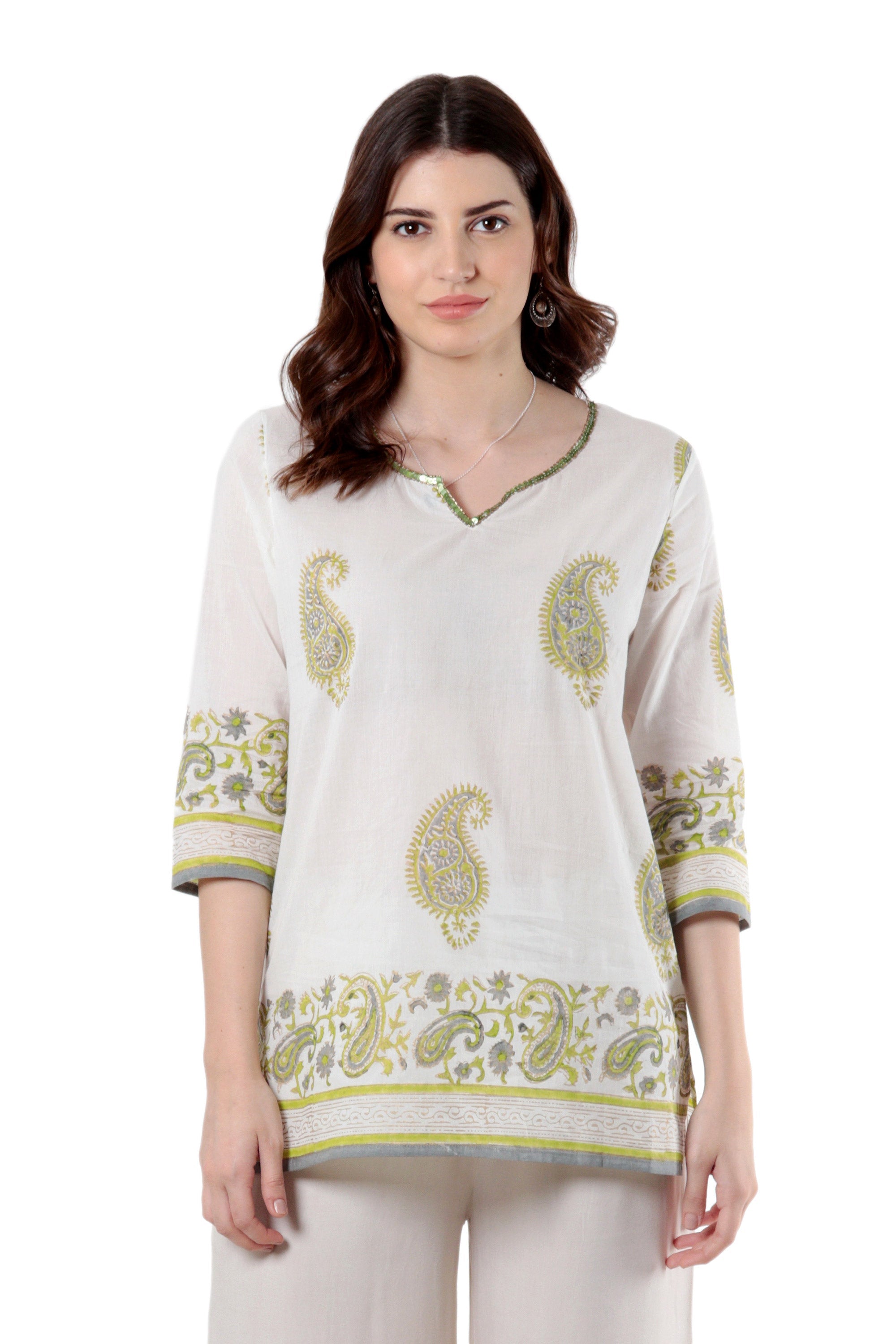 Block-Printed Cotton Tunic with Paisley Motif - Majestic Paisley