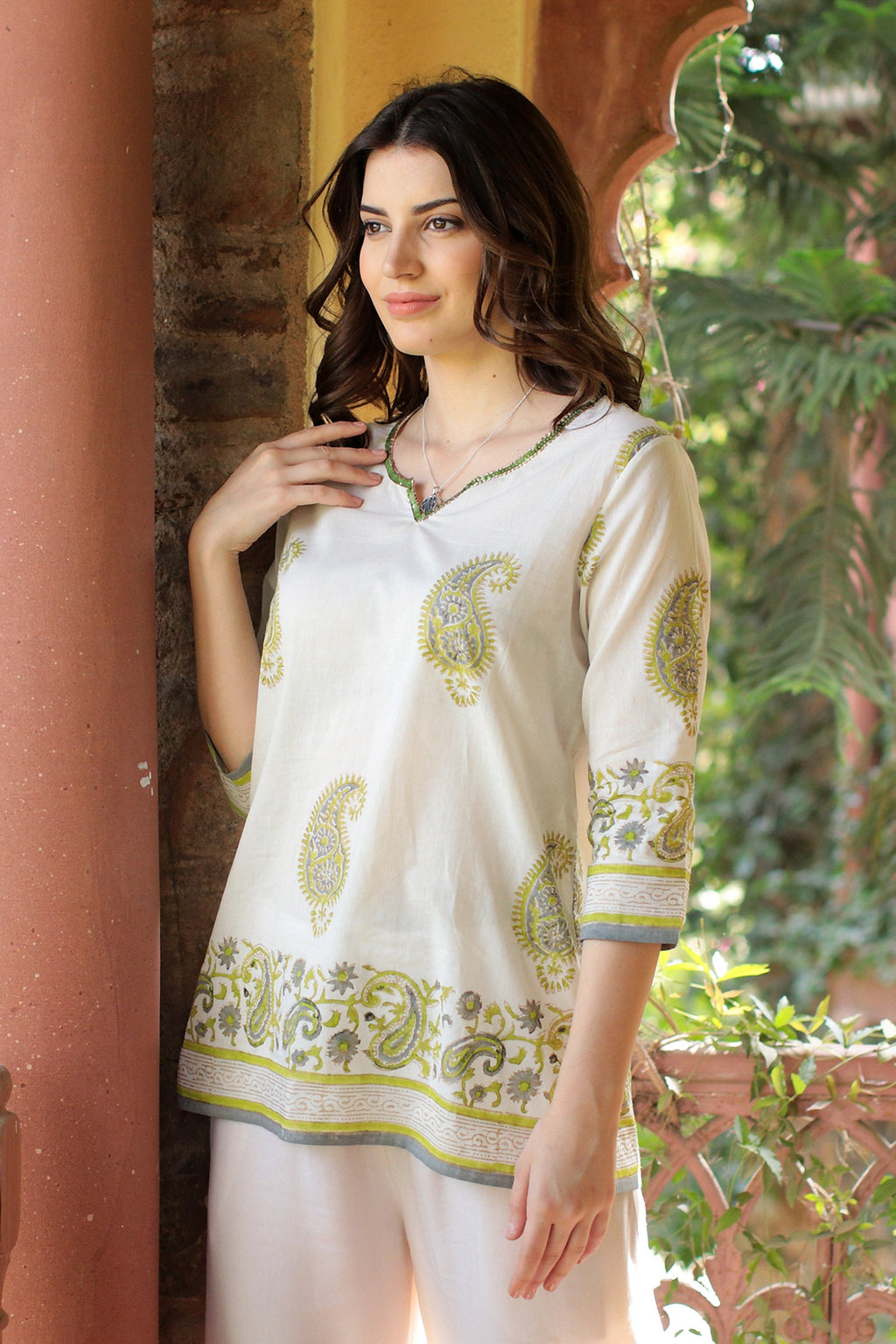 Block-Printed Cotton Tunic with Paisley Motif - Majestic Paisley