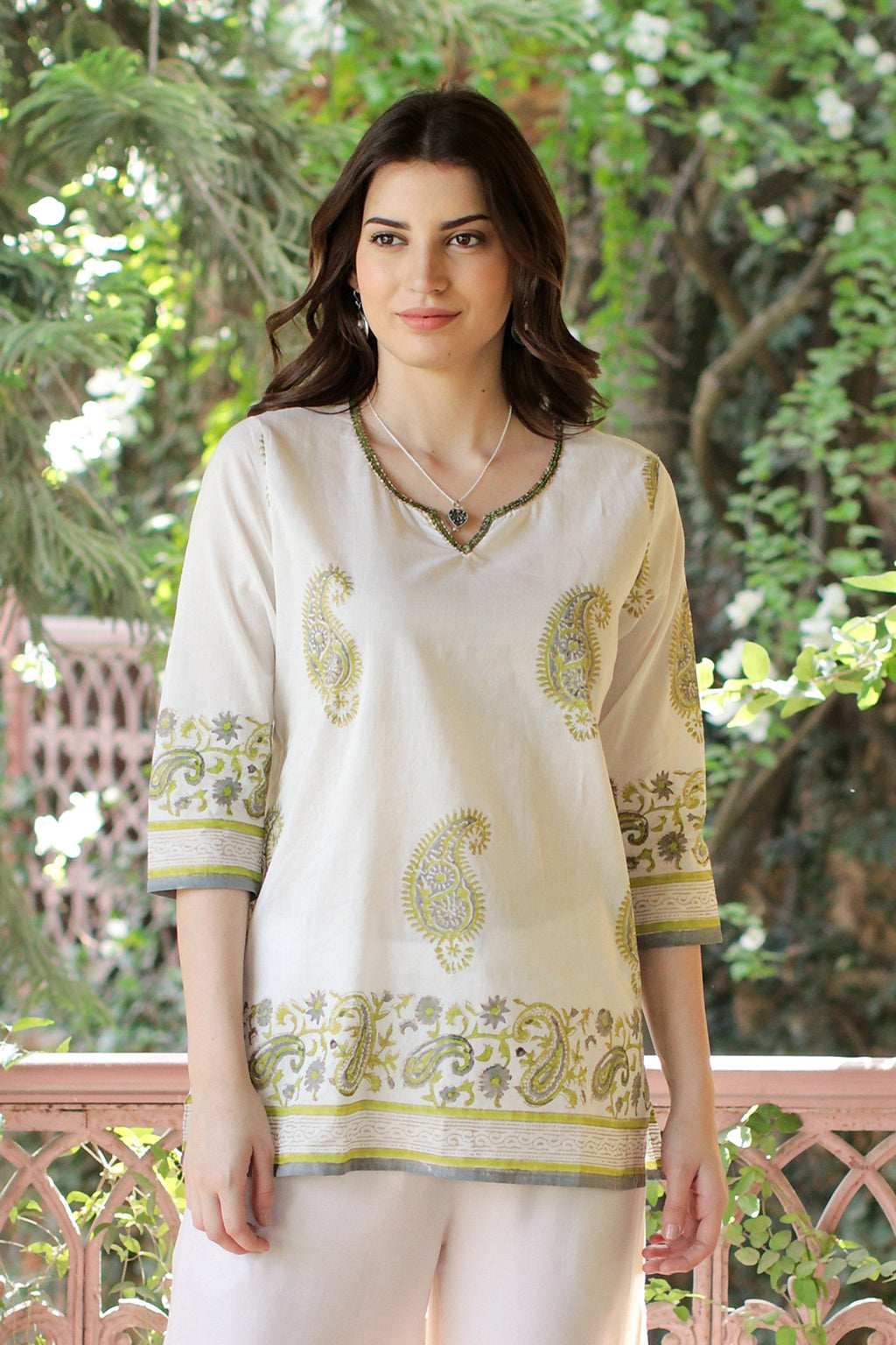 Block-Printed Cotton Tunic with Paisley Motif - Majestic Paisley