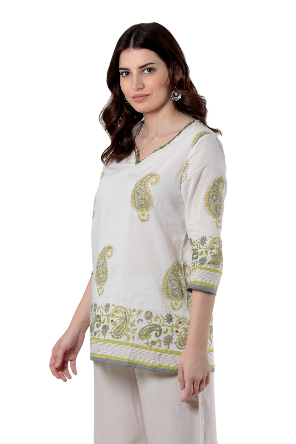 Block-Printed Cotton Tunic with Paisley Motif - Majestic Paisley