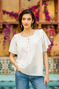 Short-Sleeved White Cotton Voile Blouse - Flutter