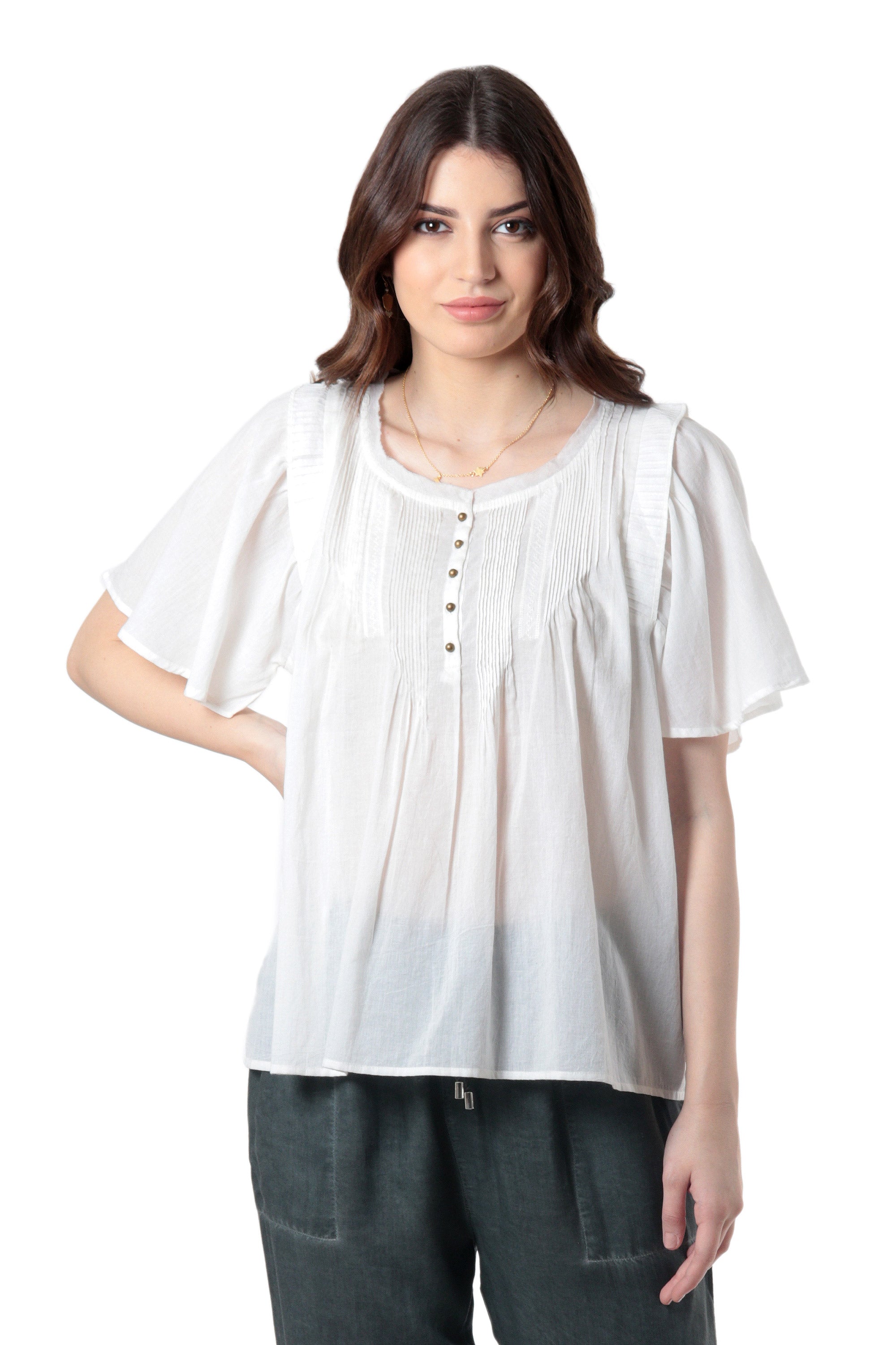 Short-Sleeved White Cotton Voile Blouse - Flutter