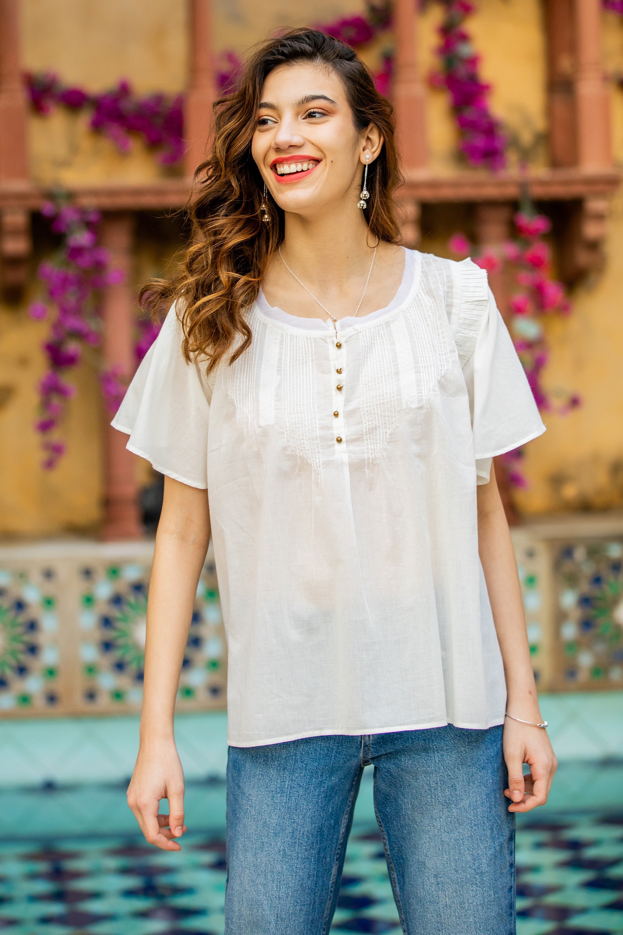 Short-Sleeved White Cotton Voile Blouse - Flutter
