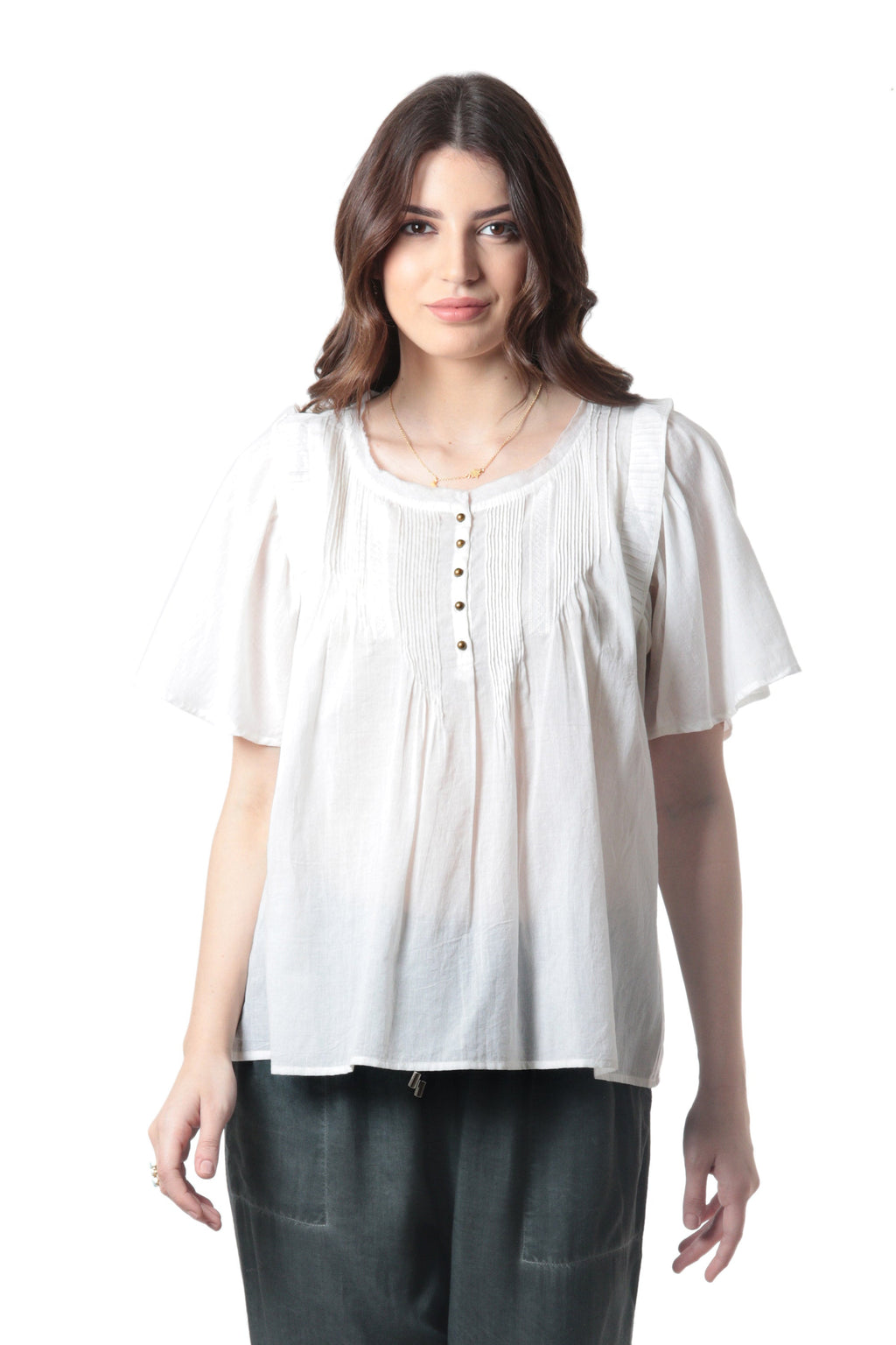 Short-Sleeved White Cotton Voile Blouse - Flutter
