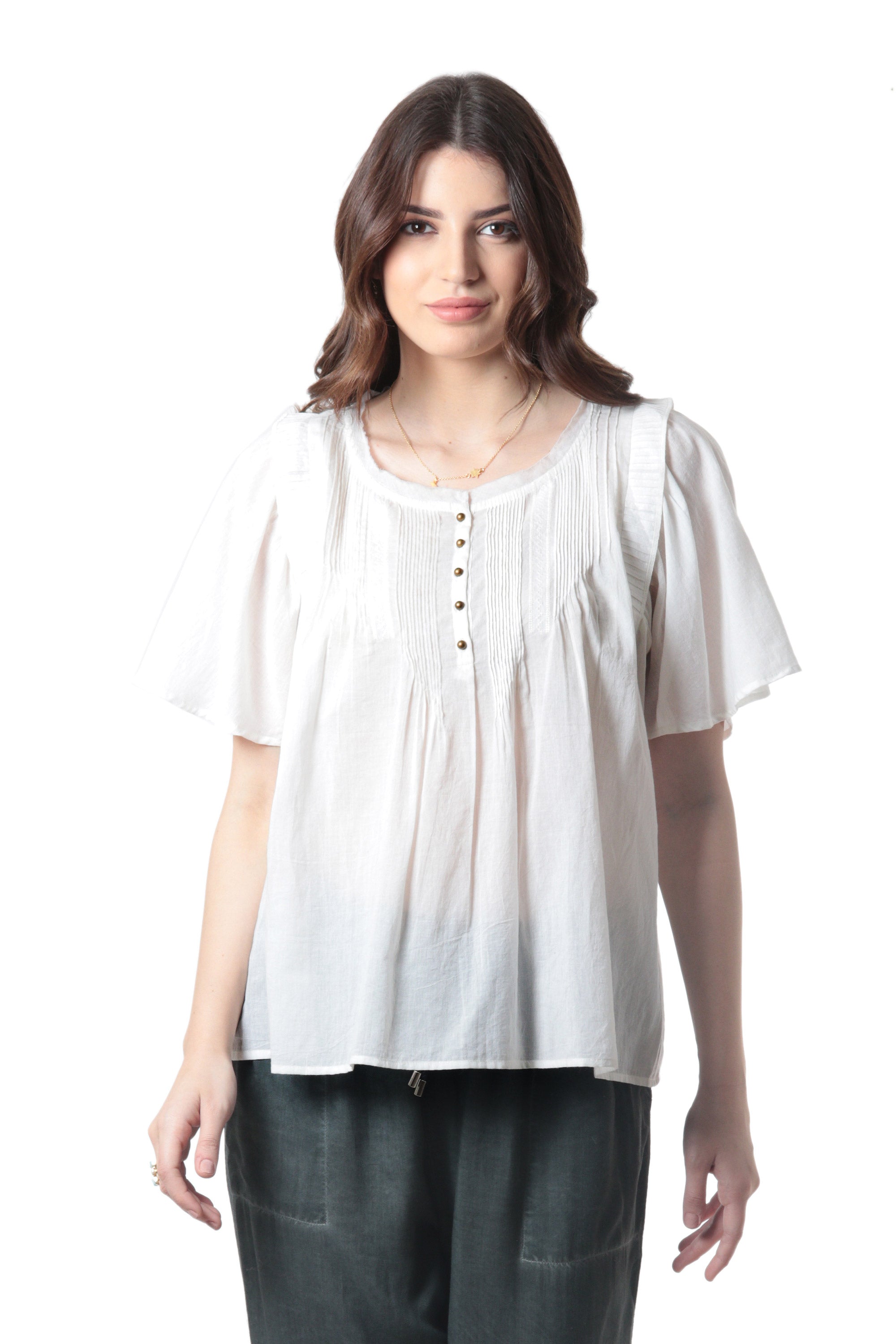 Short-Sleeved White Cotton Voile Blouse - Flutter