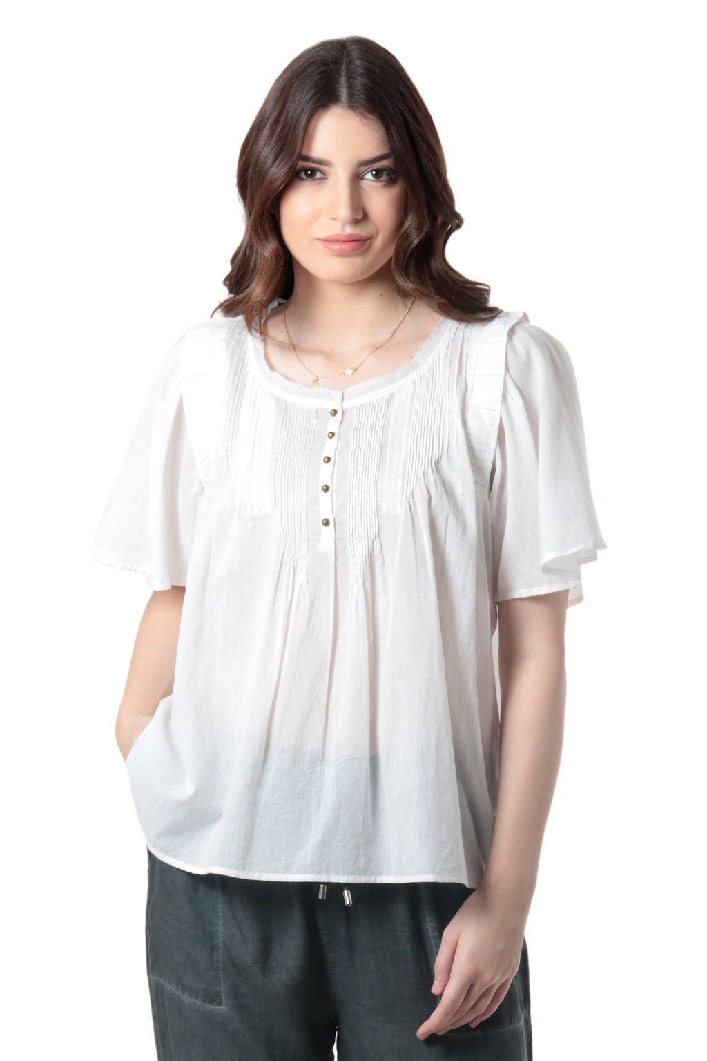 Short-Sleeved White Cotton Voile Blouse - Flutter
