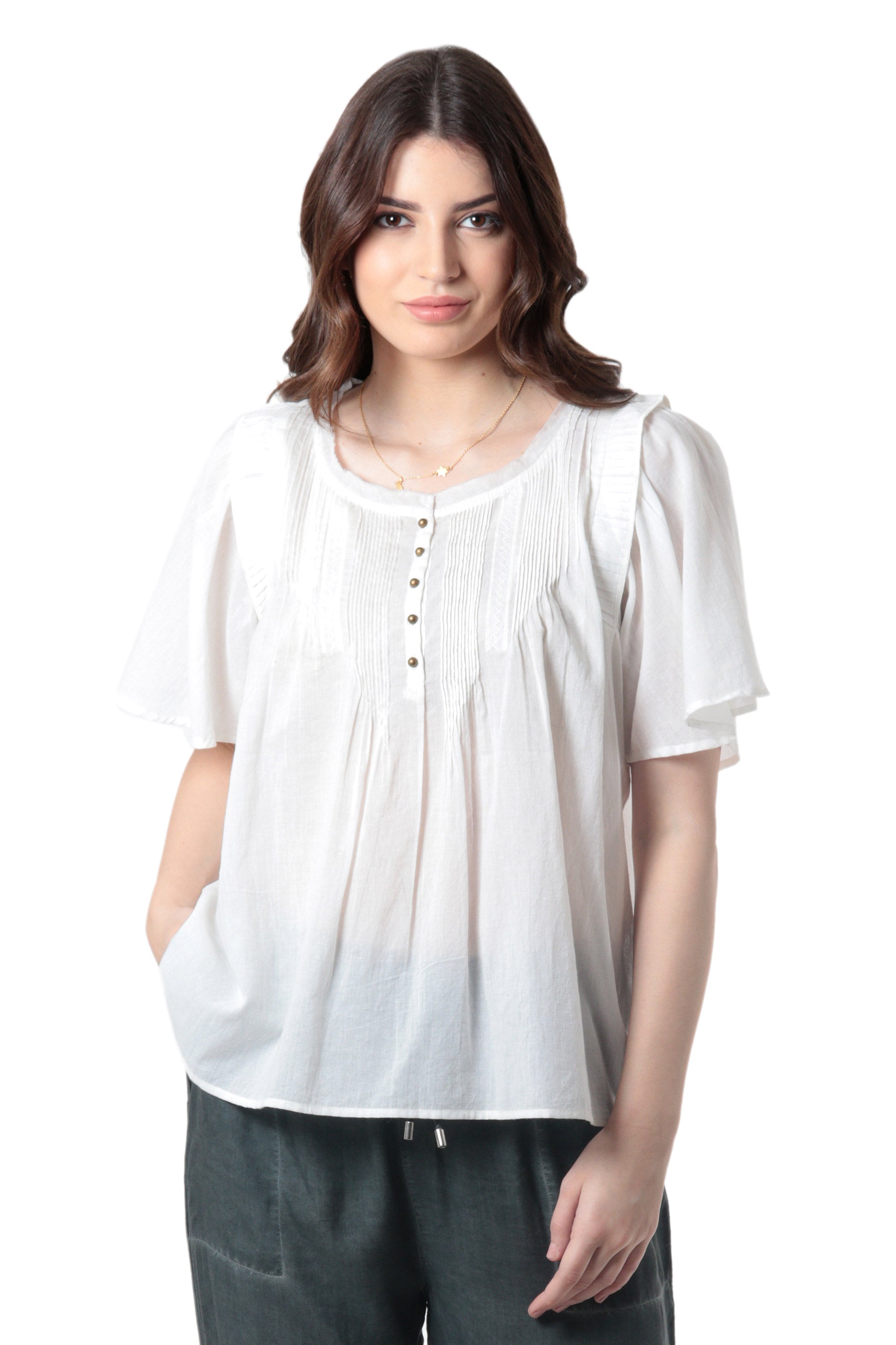 Short-Sleeved White Cotton Voile Blouse - Flutter