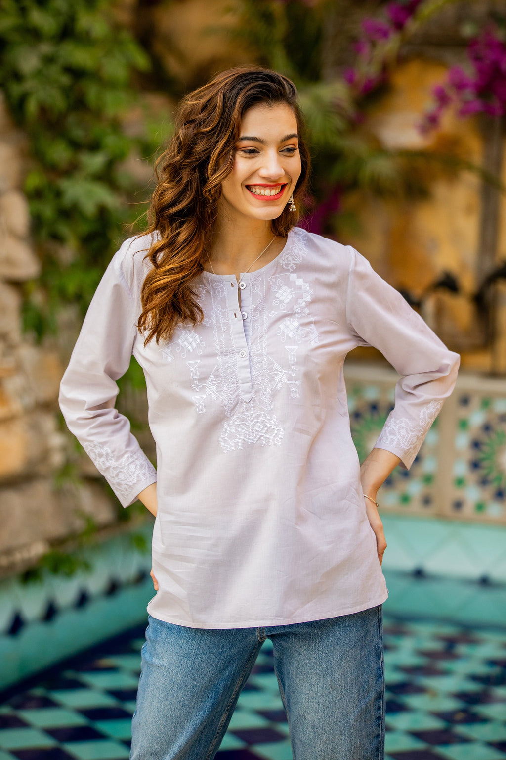 3/4 Sleeve Grey Cotton Tunic with White Machine Embroidery - Summer Elegance