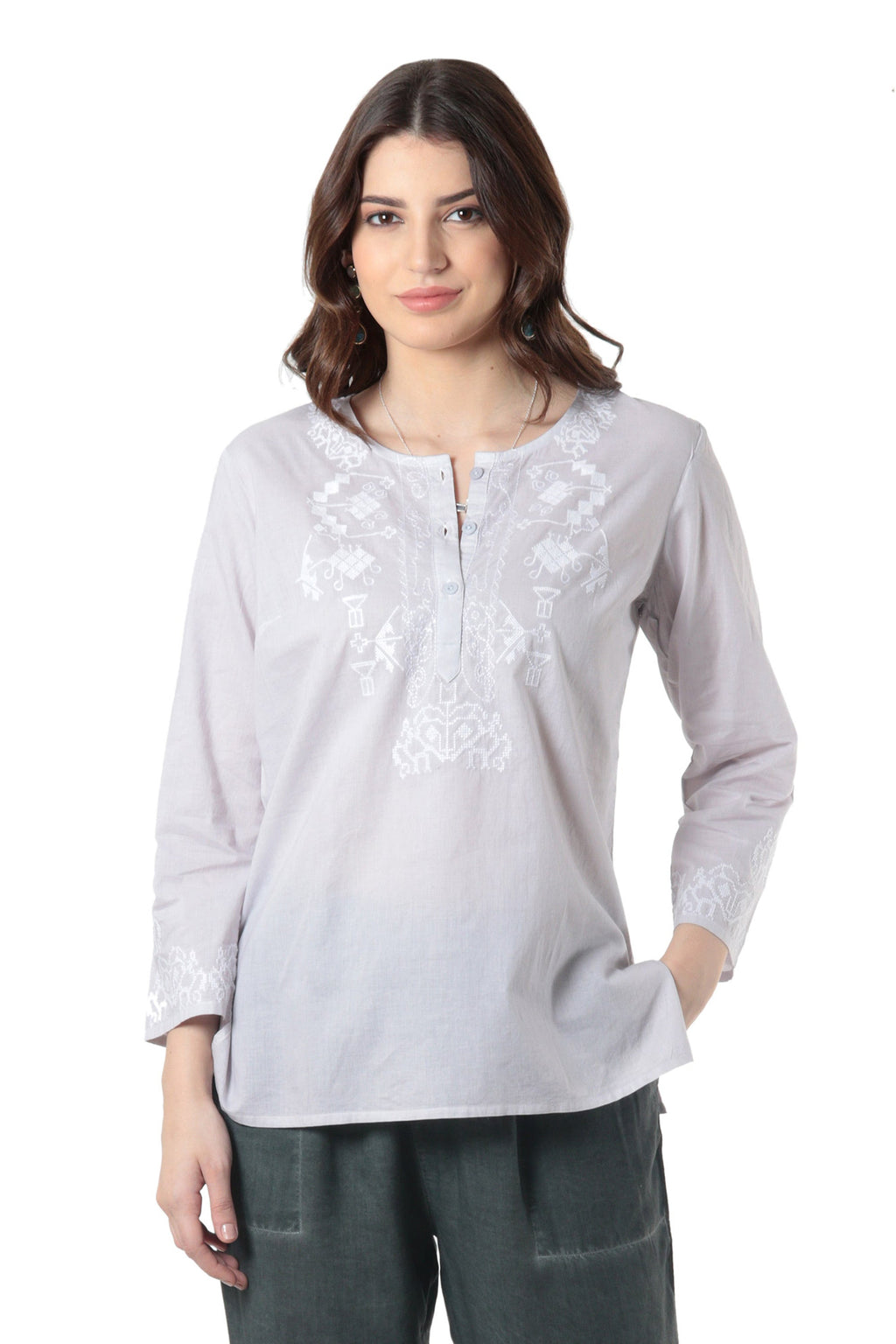 3/4 Sleeve Grey Cotton Tunic with White Machine Embroidery - Summer Elegance