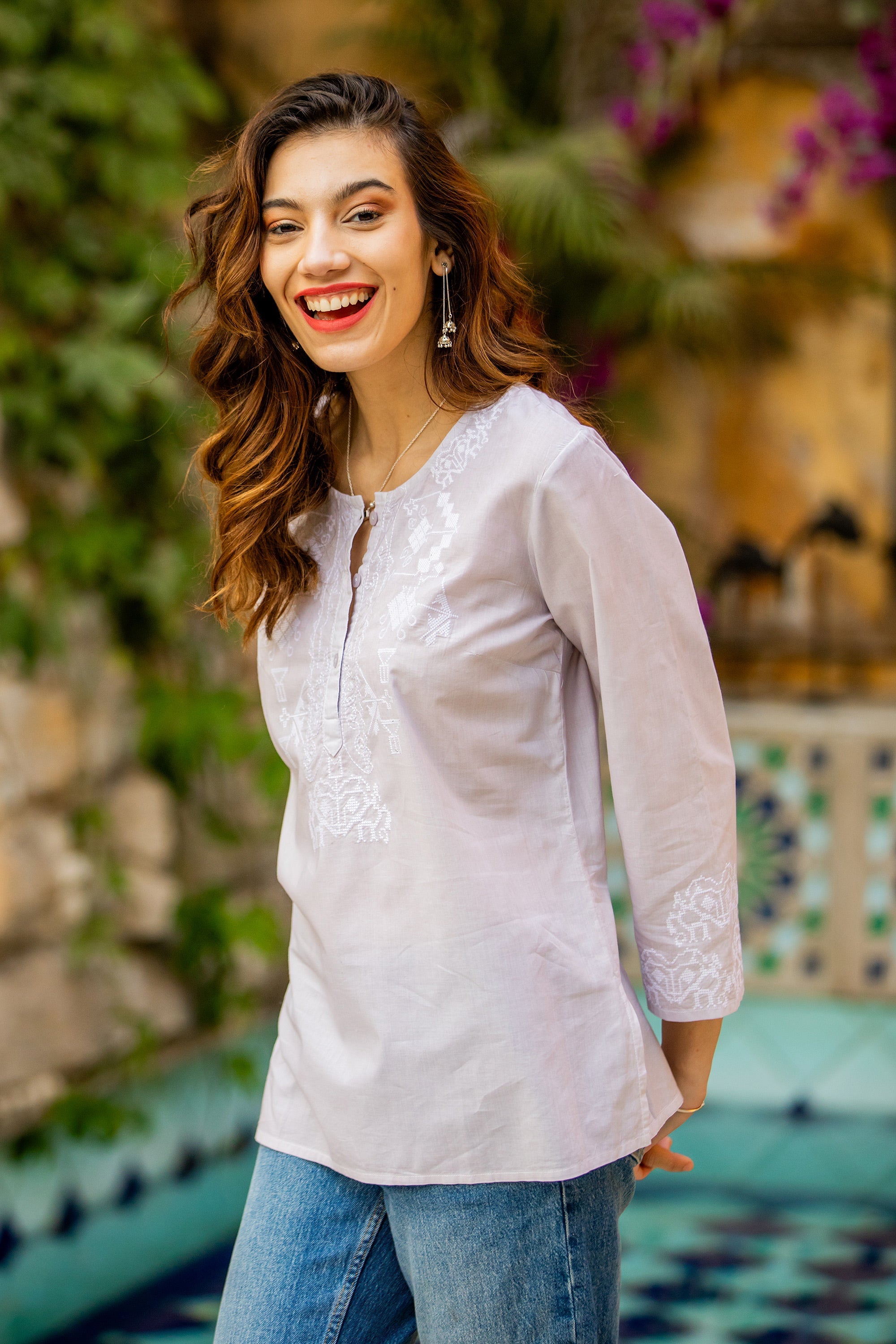 3/4 Sleeve Grey Cotton Tunic with White Machine Embroidery - Summer Elegance