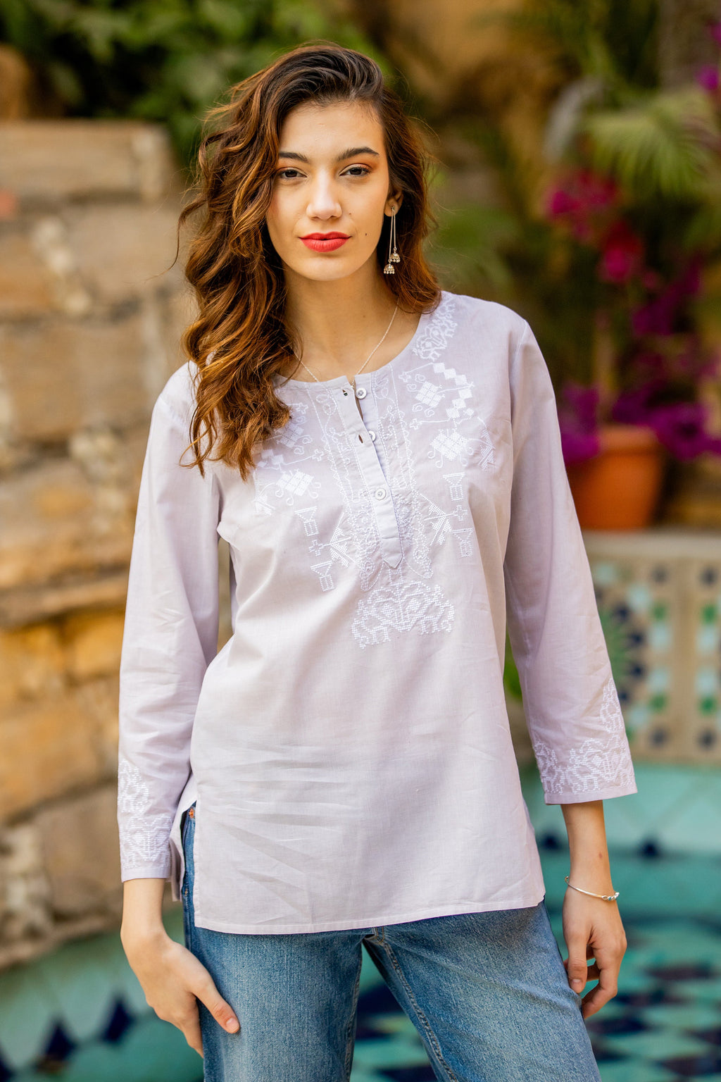 3/4 Sleeve Grey Cotton Tunic with White Machine Embroidery - Summer Elegance