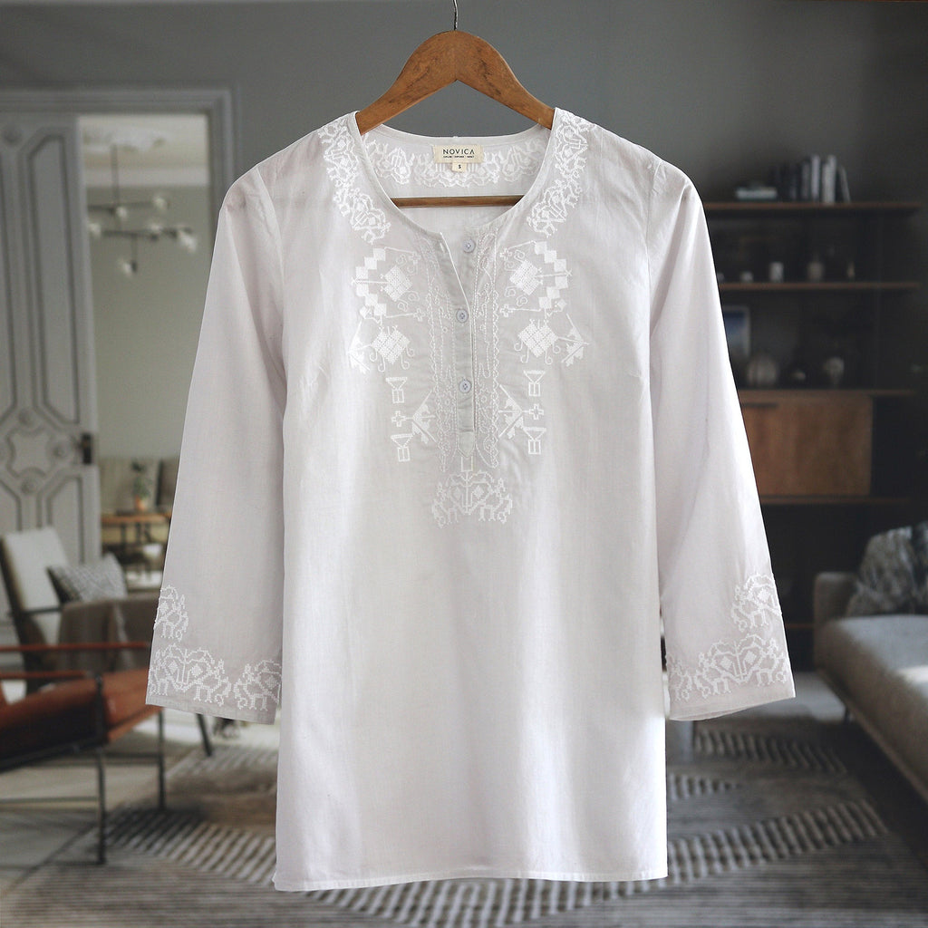 3/4 Sleeve Grey Cotton Tunic with White Machine Embroidery - Summer Elegance
