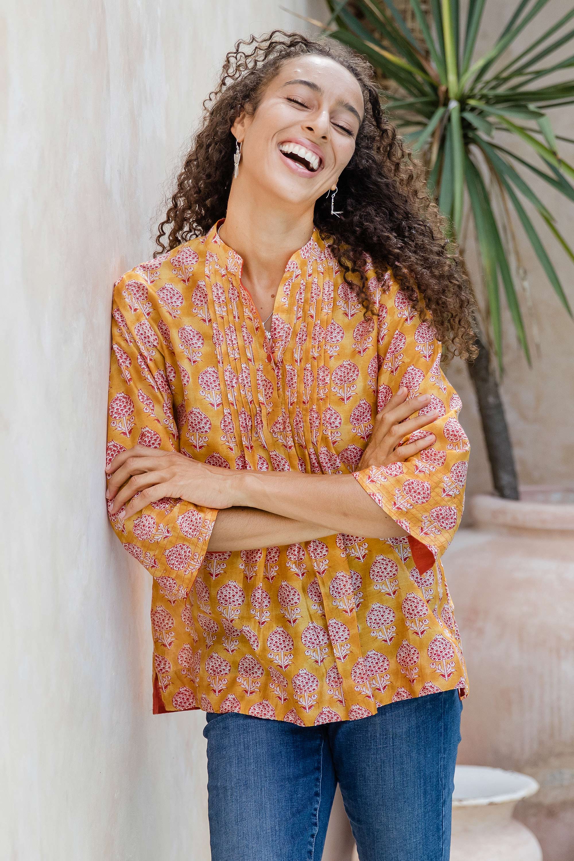 Patterned Honey and Salamander Cotton and Silk Blend Tunic - Honey Saga