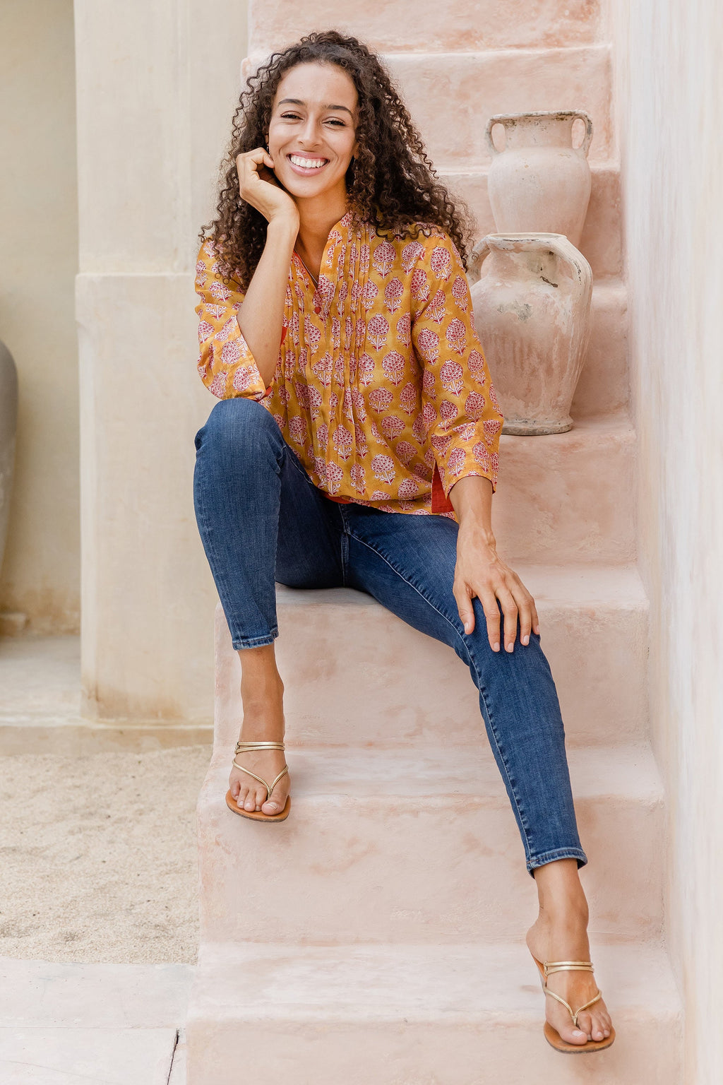 Patterned Honey and Salamander Cotton and Silk Blend Tunic - Honey Saga
